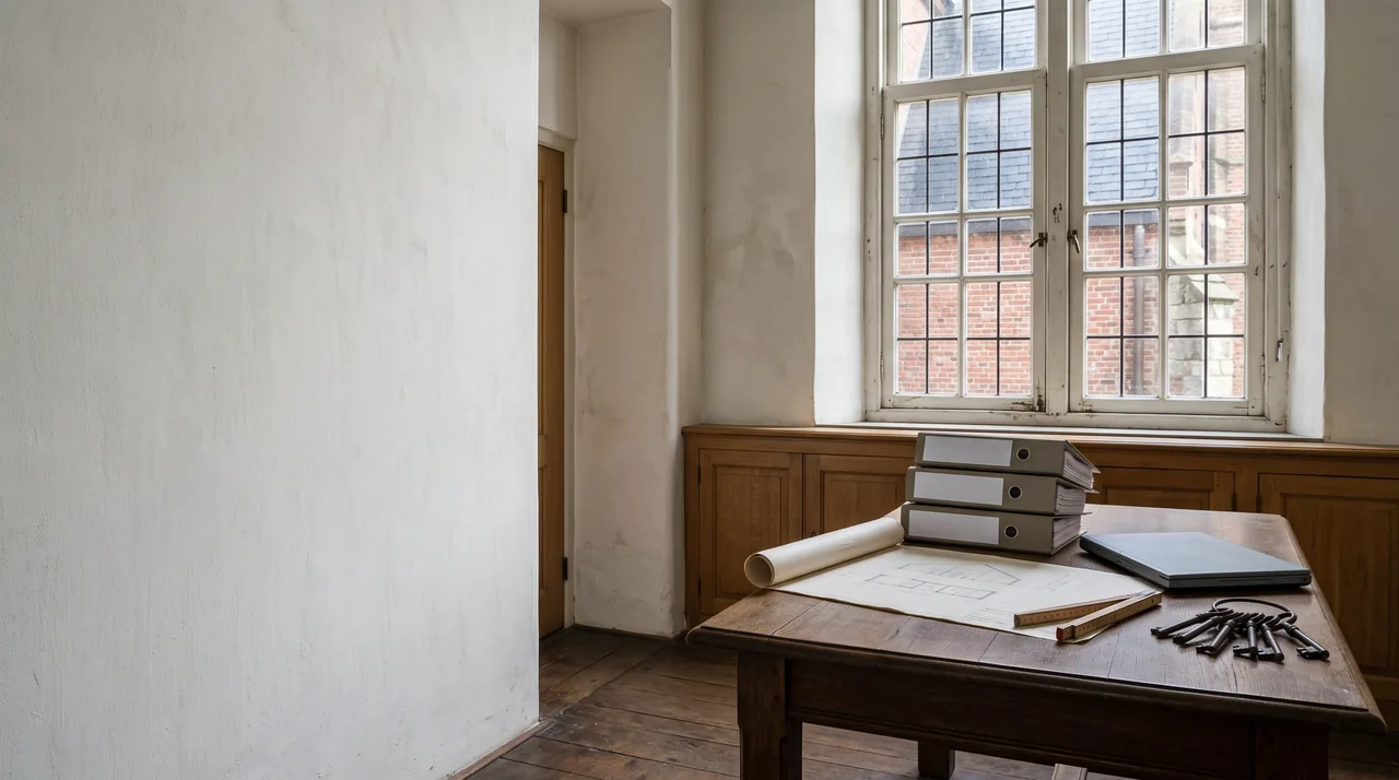 Werktafel in een consistoriekamer met een uitgerolde bouwtekening, drie ordners, een dichtgeklapte laptop en een sleutelbos, bij een hoog raam.